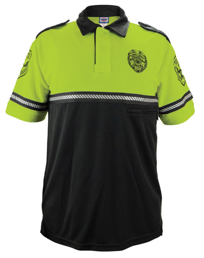 Security Badge and Patch Two Tone Bike Patrol Polo Shirt with Zipper Pocket and Reflective Hash Stripes