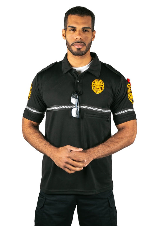 Security Badge and Patch Bike Patrol Polo Shirt with Zipper Pocket and Reflective Hash Stripes