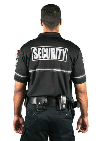 Security Badge and Patch Bike Patrol Polo Shirt with Zipper Pocket and Reflective Hash Stripes