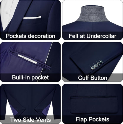 MAGE MALE Men's 3 Pieces Suit Elegant Solid One Button Slim Fit Single Breasted Party Blazer Vest Pants Set