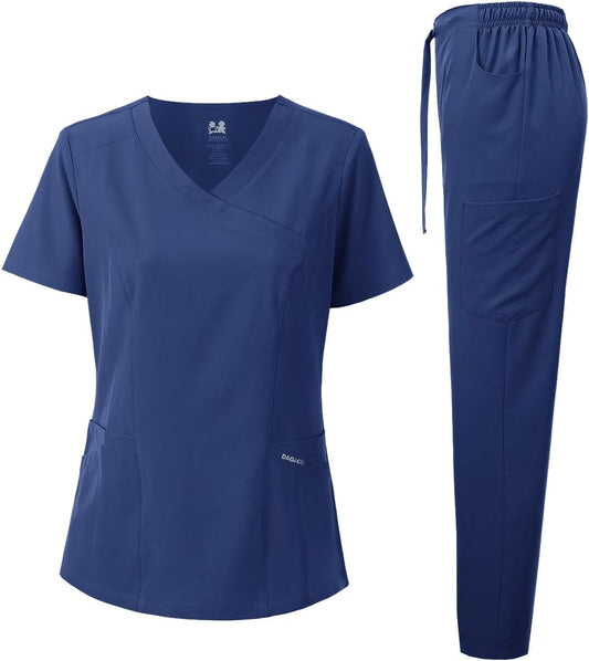 Medical Uniform Women's Scrub Set 4-Way Stretch Y-Neck Stitch Tape Top and Pants