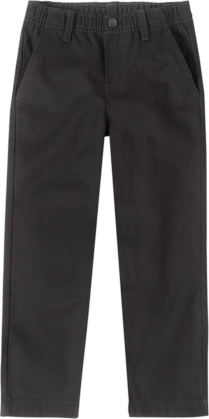 Boys School Uniform Twill Khaki Pants, Flat Front & Elasticized Waistband, Zipper Closure With Faux Button