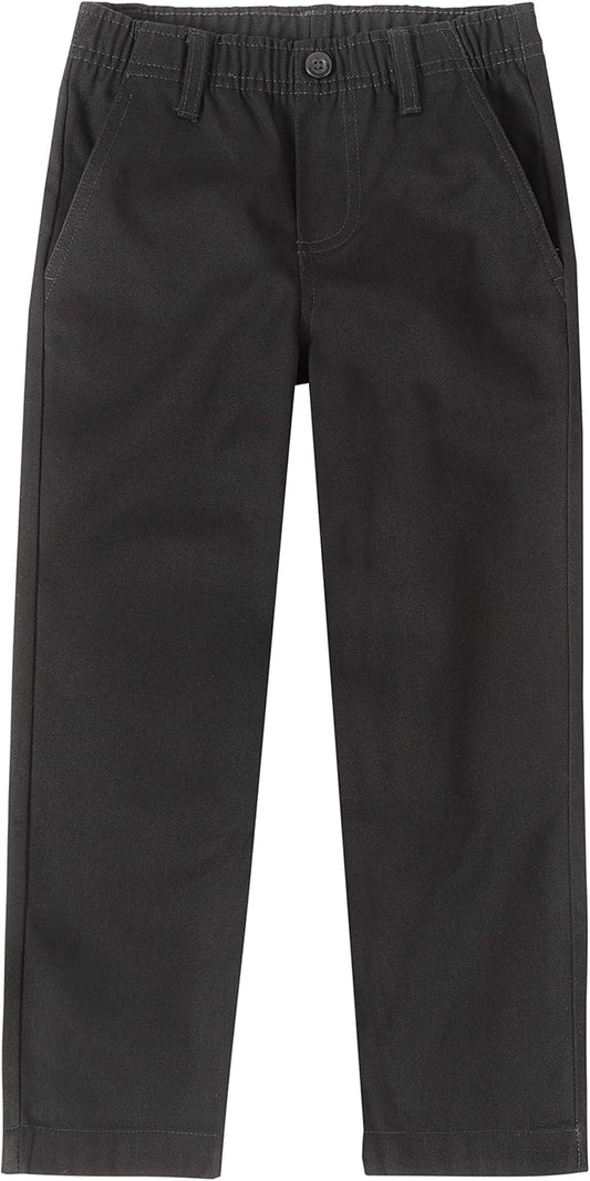 Boys School Uniform Twill Khaki Pants, Flat Front & Elasticized Waistband, Zipper Closure With Faux Button