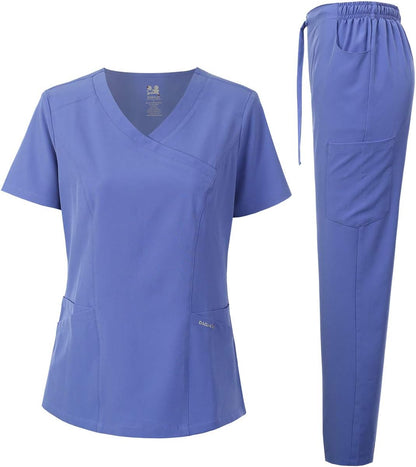 Medical Uniform Women's Scrub Set 4-Way Stretch Y-Neck Stitch Tape Top and Pants