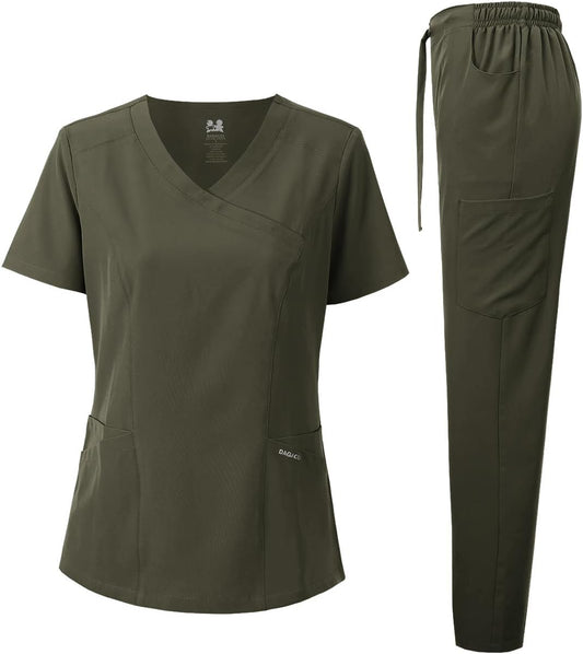 Medical Uniform Women's Scrub Set 4-Way Stretch Y-Neck Stitch Tape Top and Pants
