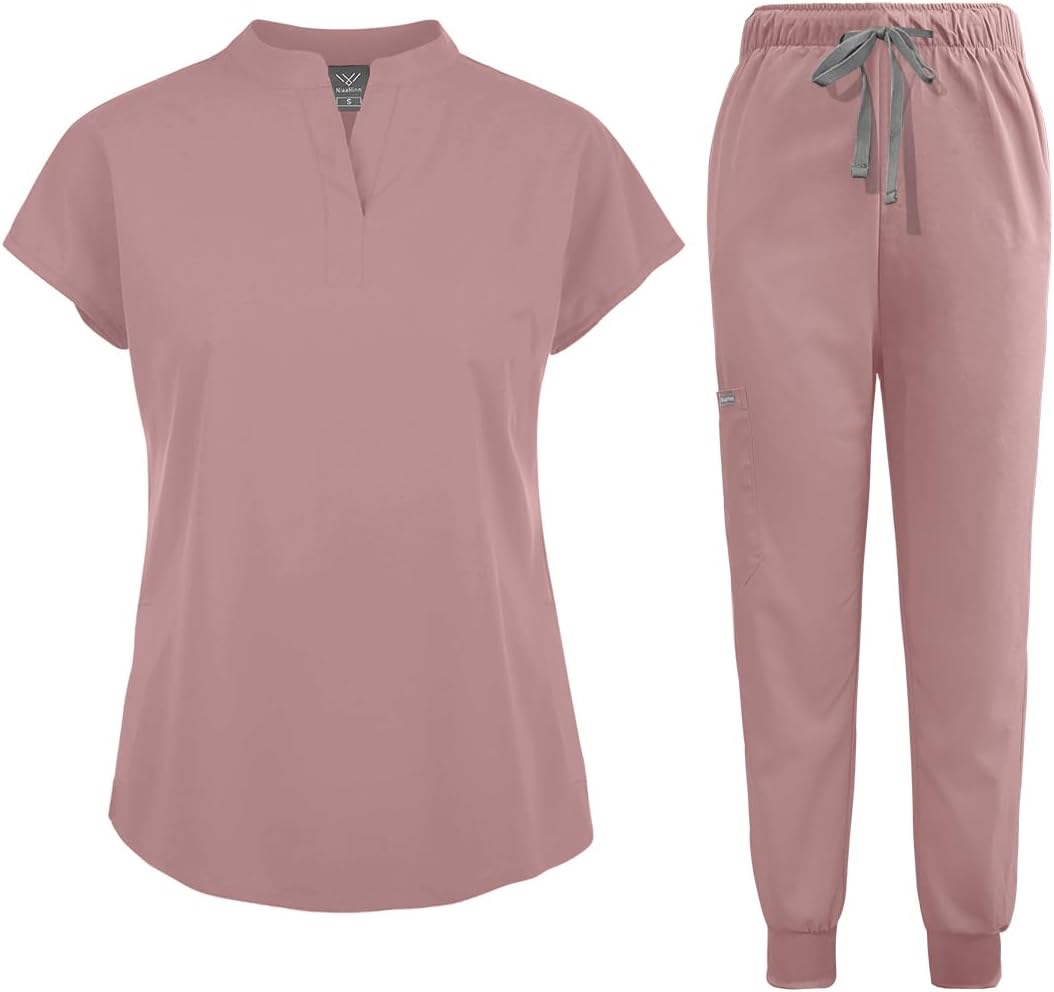 Scrubs Set for Women Nurse Uniform Jogger Suit Stretch Top & Pants with Multi Pocket for Nurse Esthetician Workwear