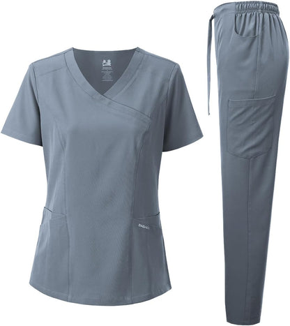 Medical Uniform Women's Scrub Set 4-Way Stretch Y-Neck Stitch Tape Top and Pants