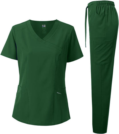 Medical Uniform Women's Scrub Set 4-Way Stretch Y-Neck Stitch Tape Top and Pants