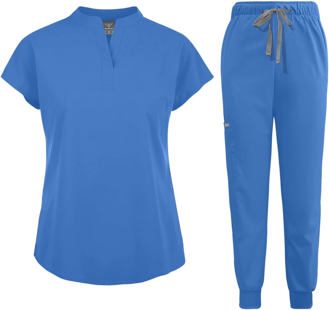 Scrubs Set for Women Nurse Uniform Jogger Suit Stretch Top & Pants with Multi Pocket for Nurse Esthetician Workwear