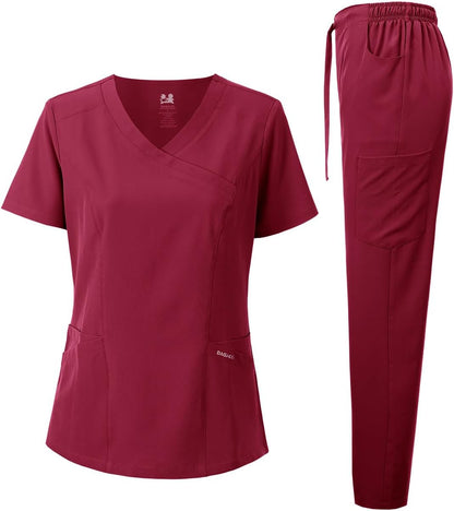 Medical Uniform Women's Scrub Set 4-Way Stretch Y-Neck Stitch Tape Top and Pants