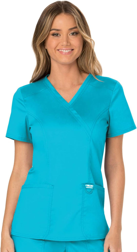 Scrubs for Women Mock Wrap Top with 3 Pocket, Back Princess Seams WW610